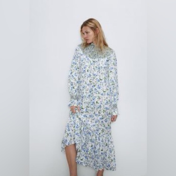Zara smocked embroidered Floral Blue and White Maxi Dress - Picture 4 of 8